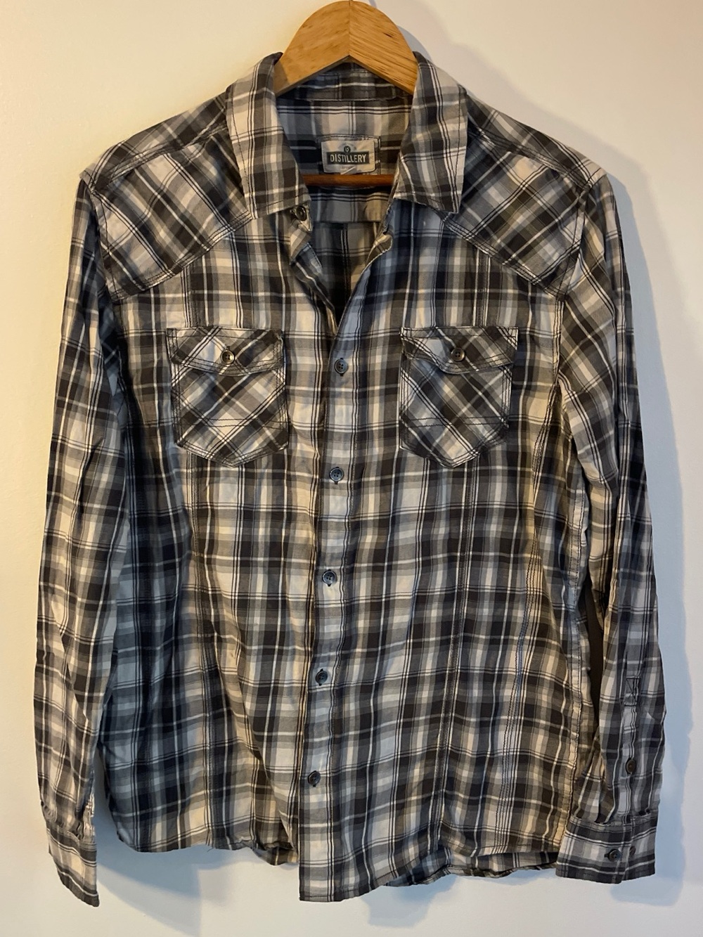 Distillery Black White Plaid Western Flannel Shirt M